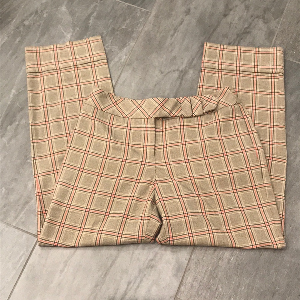 LOFT Beige Plaid Straight-Leg Pants with Red Accent